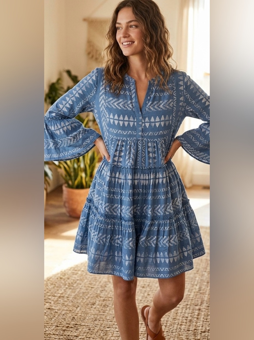 NWT Élan Boho Tiered Geometric Mini Dress Blue Bell Sleeve Tunic S